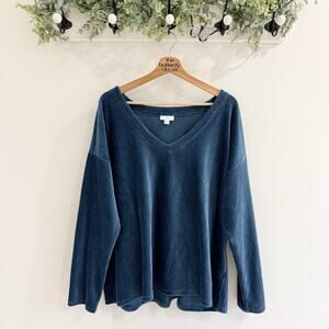 J Jill Sweatshirt Womens S Teal Velvet V-Neck Rib Knit Sweater Comfy Size 2X